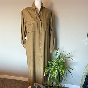 Vintage Silk Khaki/olive Button-Up Shirt Dress SZ 8 slub silk business elegant